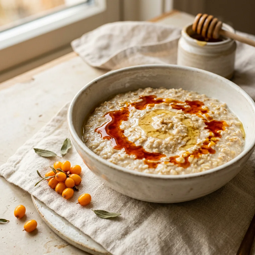 Тёплая овсяная каша с каплями облепихового масла и мёдом